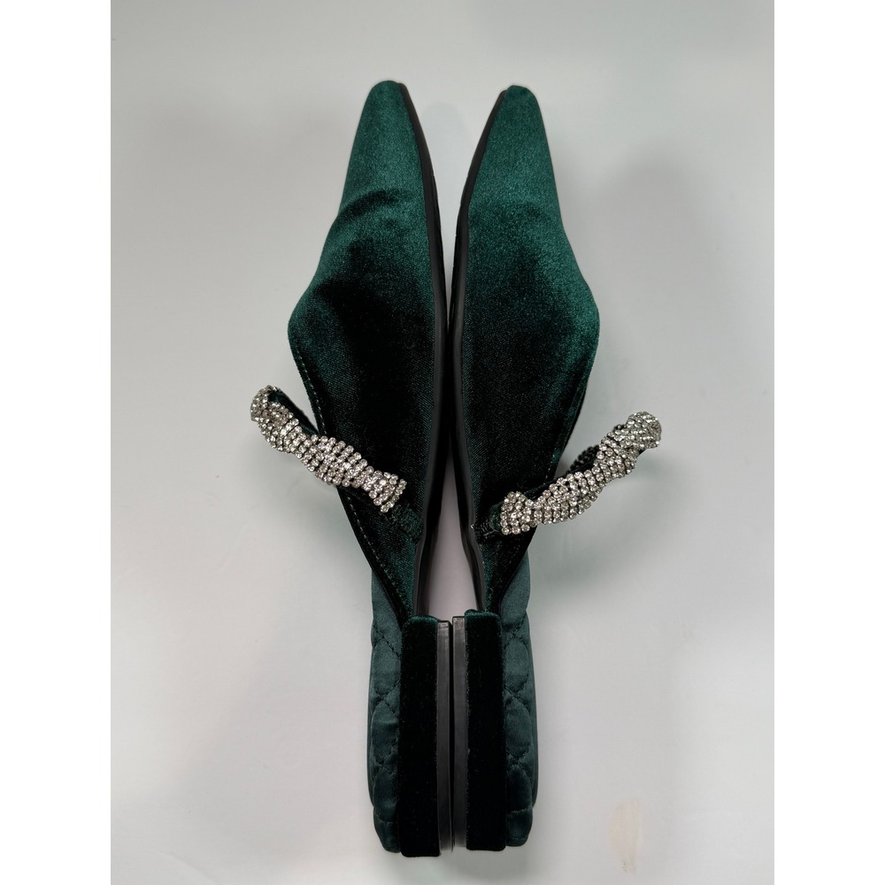 Birdies The Swan Mule Women 9 Green Velvet Crystal Embellished Pointed Toe Flat - Picture 6 of 12